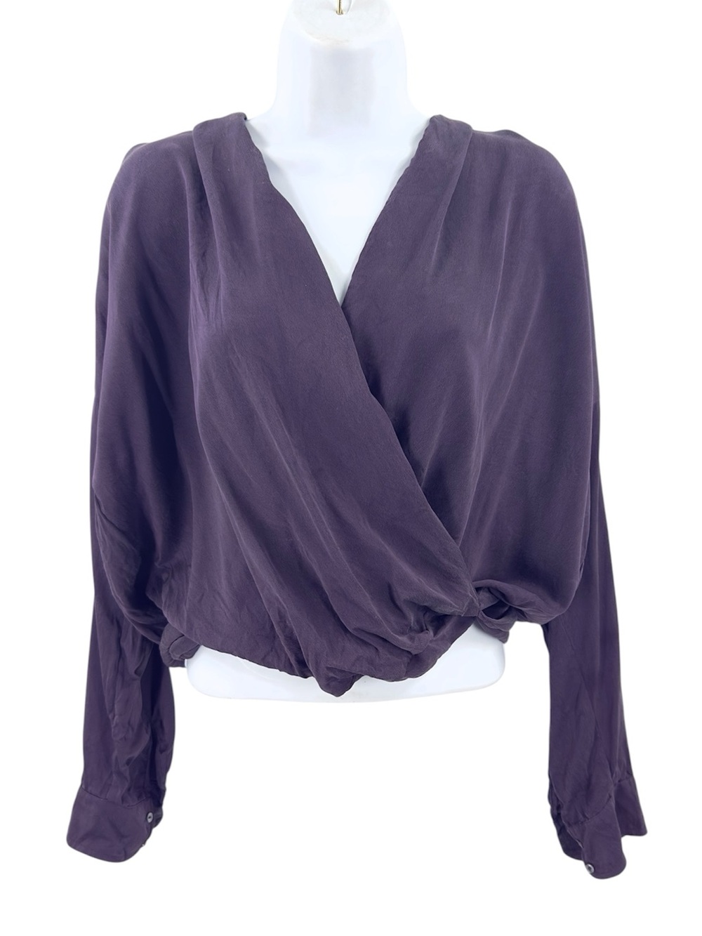 Natalie Busby Silk Twist Blouse Size Medium Purple Wrap Top Long Sleeve Luxury